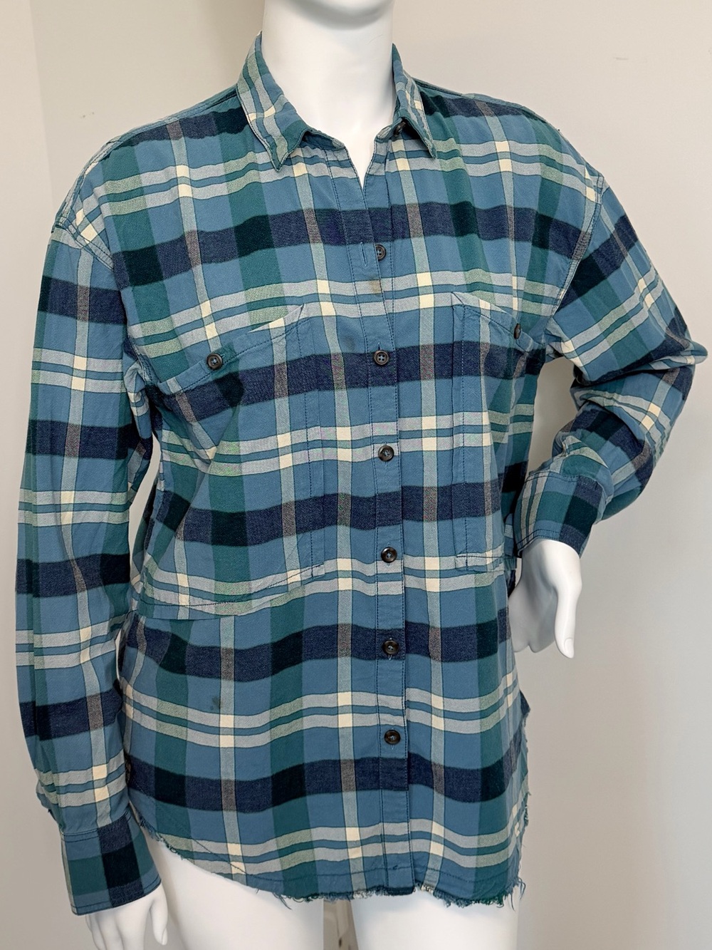 Free People Women’s Plaid Button Up Shirt L Blue Green Raw Hem Boho Rayon Cotton